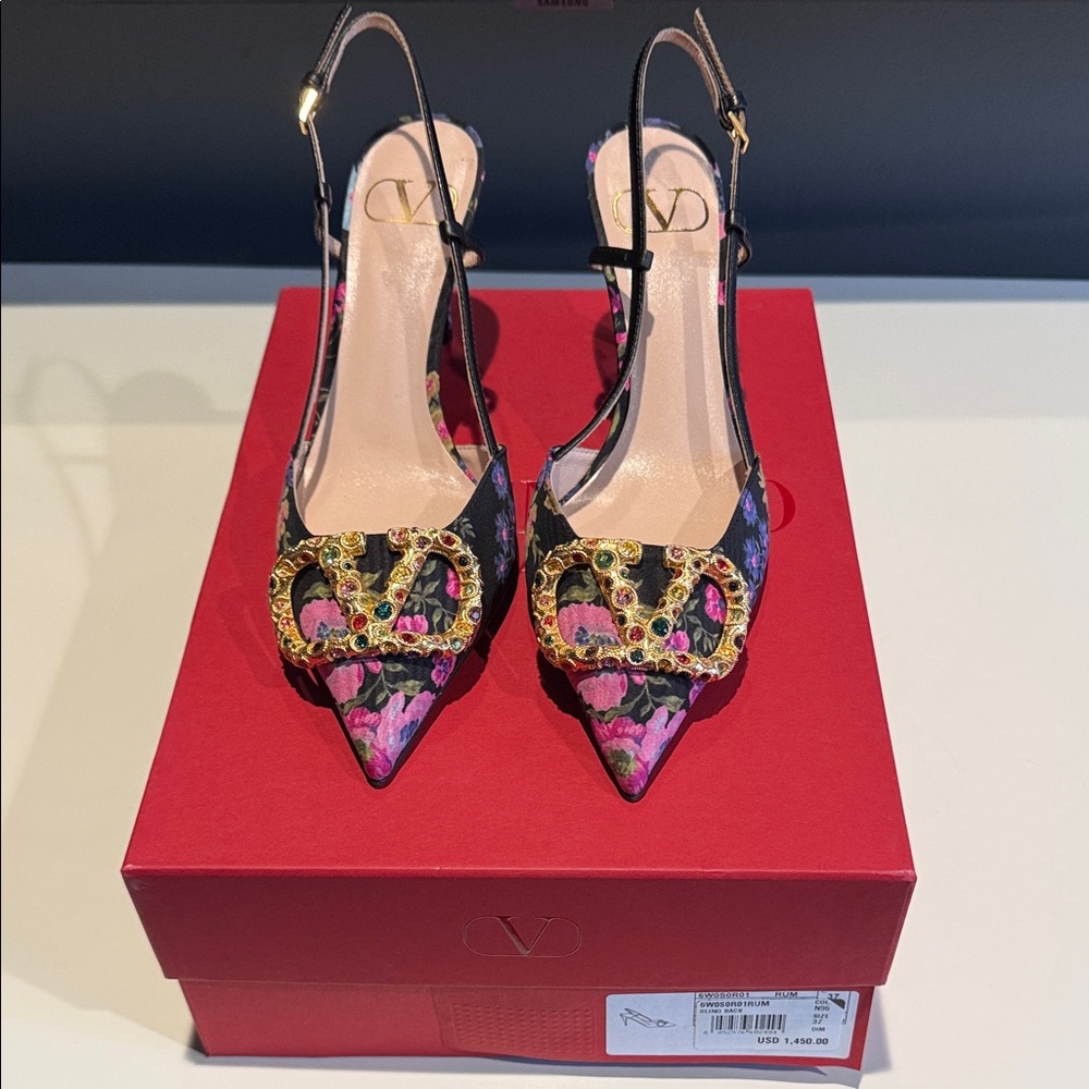Valentino Women's Black and Pink Floral Heels with Gold Accents